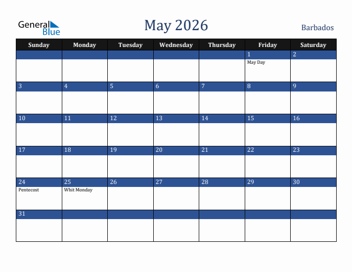 May 2026 Barbados Calendar (Sunday Start)