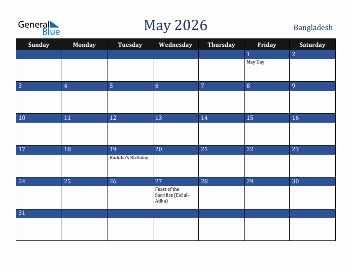May 2026 Bangladesh Calendar (Sunday Start)