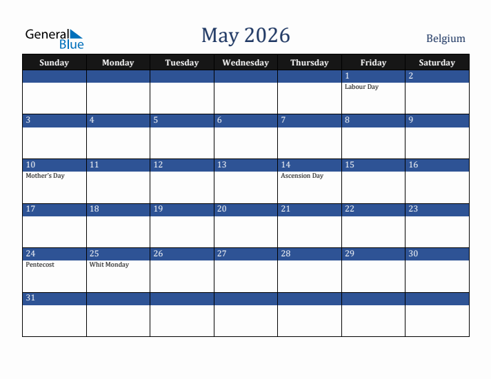 May 2026 Belgium Calendar (Sunday Start)