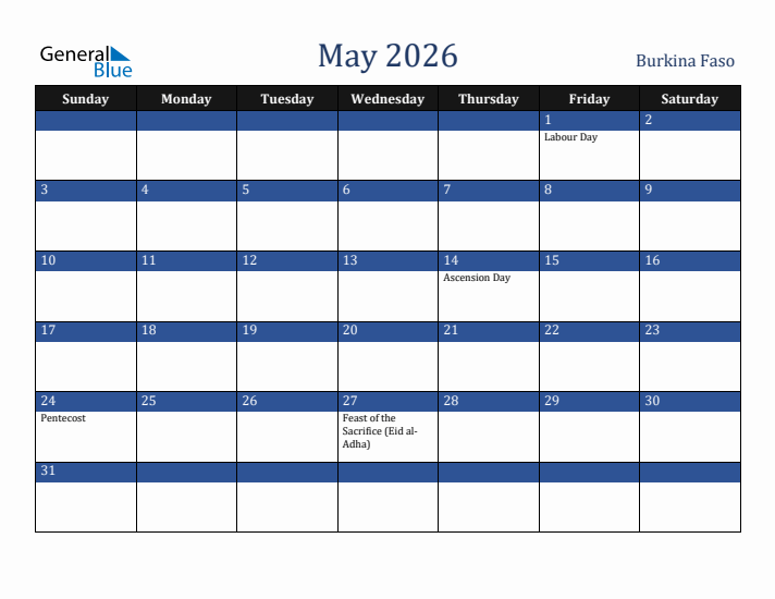 May 2026 Burkina Faso Calendar (Sunday Start)