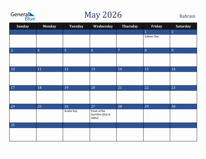 May 2026 Bahrain Calendar (Sunday Start)