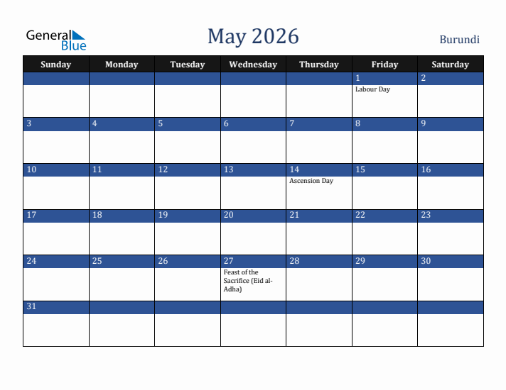 May 2026 Burundi Calendar (Sunday Start)