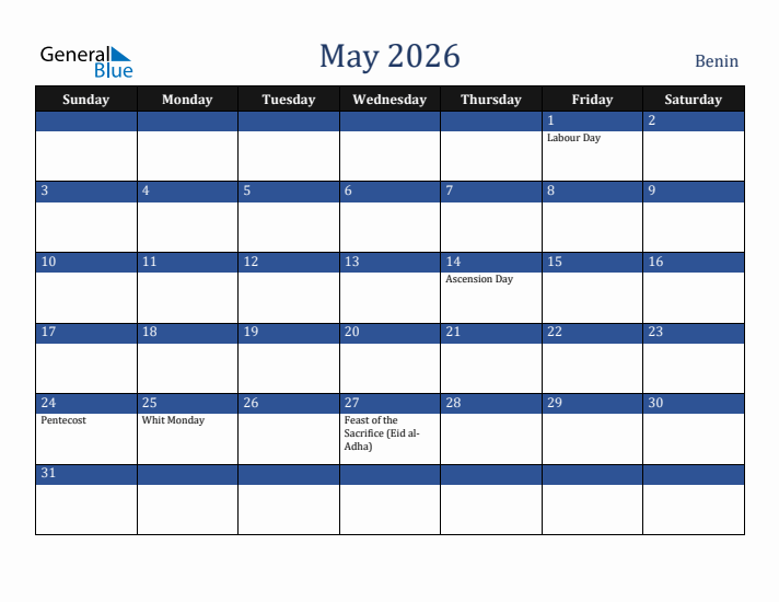 May 2026 Benin Calendar (Sunday Start)