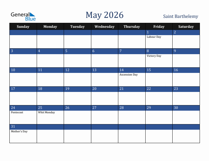 May 2026 Saint Barthelemy Calendar (Sunday Start)