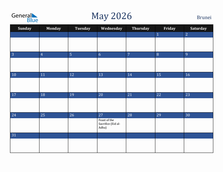 May 2026 Brunei Calendar (Sunday Start)