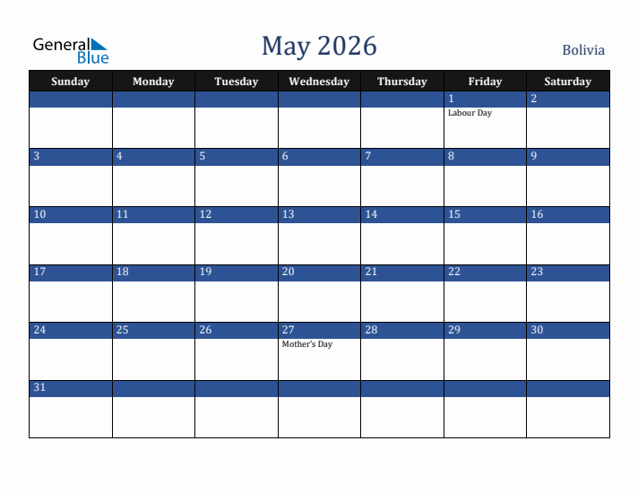 May 2026 Bolivia Calendar (Sunday Start)