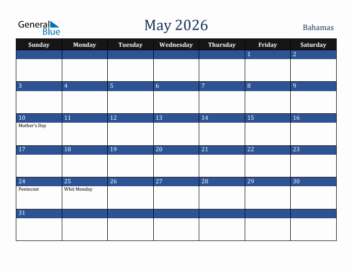 May 2026 Bahamas Calendar (Sunday Start)