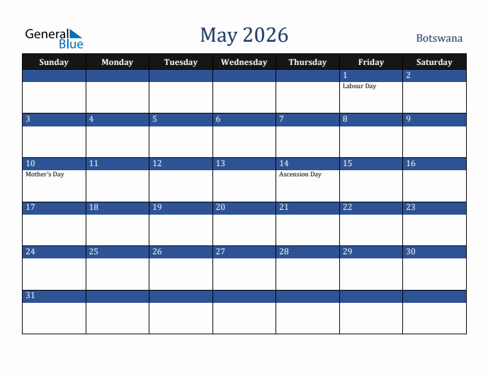 May 2026 Botswana Calendar (Sunday Start)