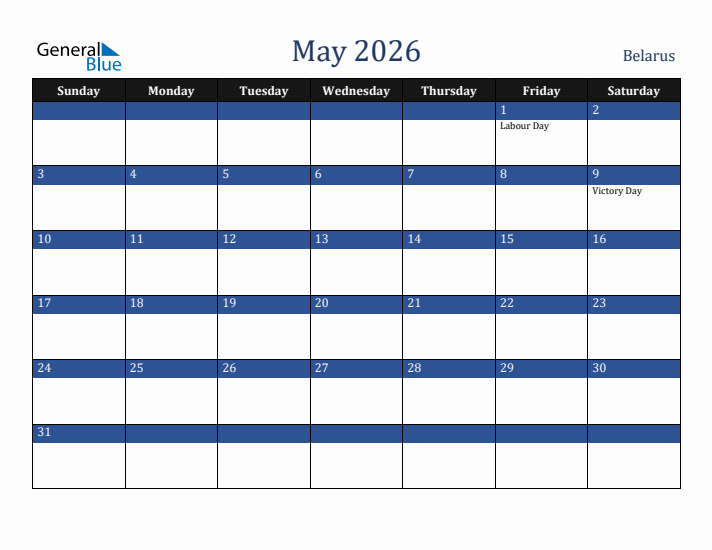 May 2026 Belarus Calendar (Sunday Start)