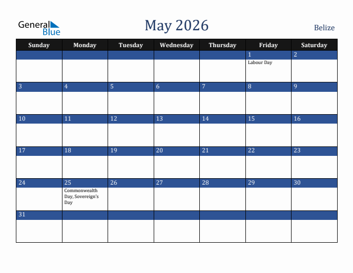 May 2026 Belize Calendar (Sunday Start)
