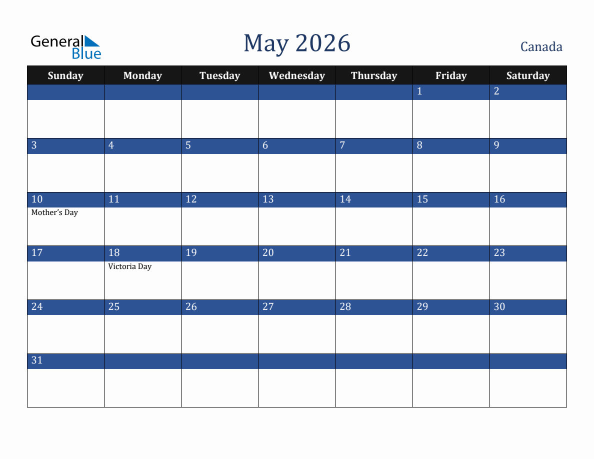 May 2026 Canada Holiday Calendar