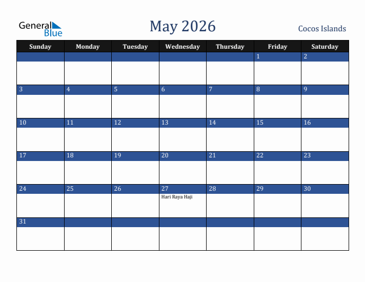 May 2026 Cocos Islands Calendar (Sunday Start)