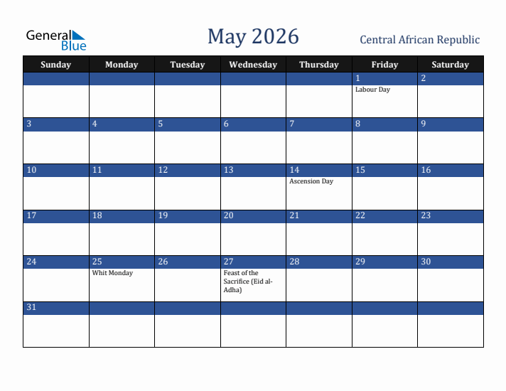 May 2026 Central African Republic Calendar (Sunday Start)