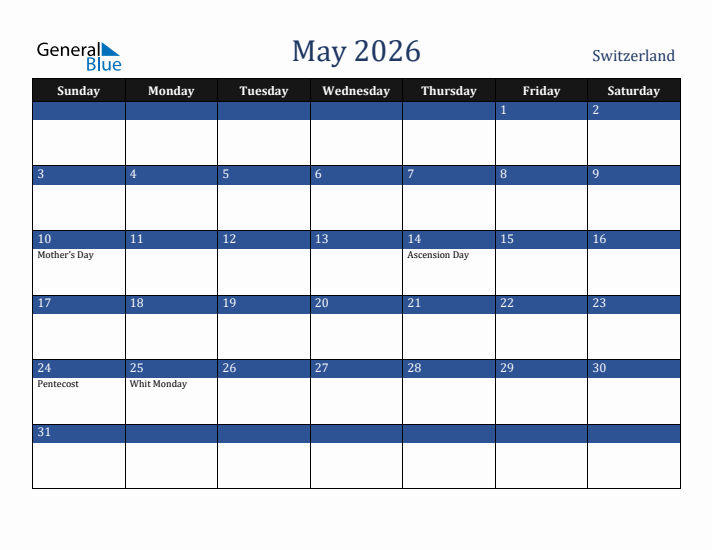 May 2026 Switzerland Calendar (Sunday Start)