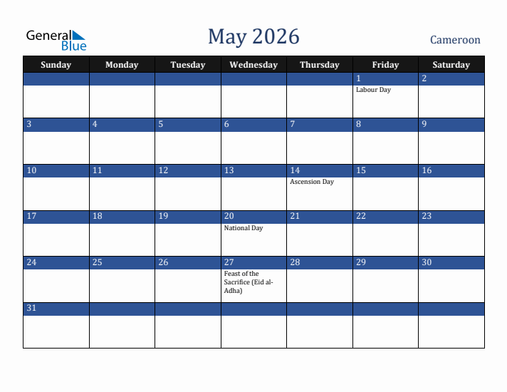 May 2026 Cameroon Calendar (Sunday Start)