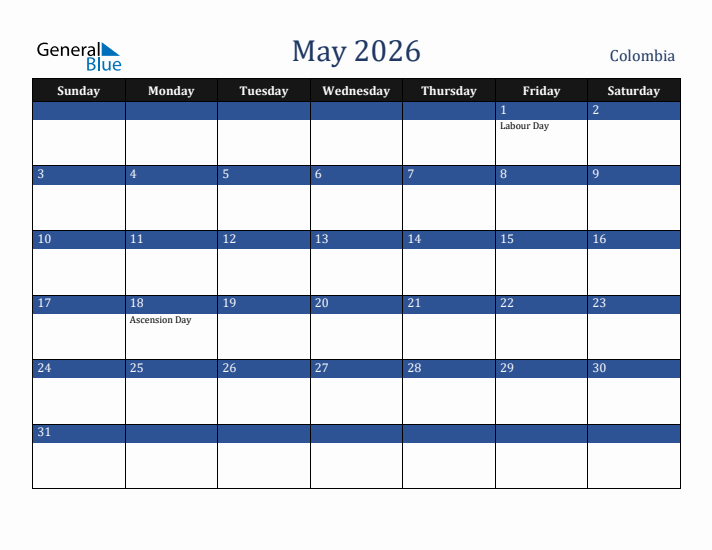 May 2026 Colombia Calendar (Sunday Start)
