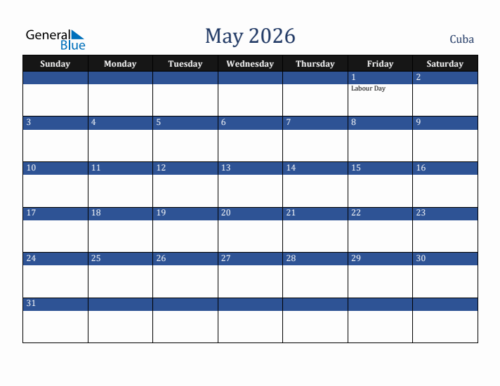 May 2026 Cuba Calendar (Sunday Start)