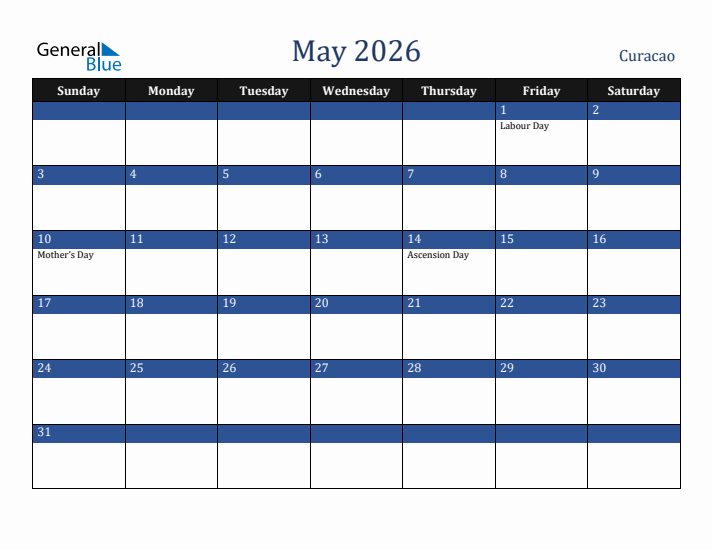 May 2026 Curacao Calendar (Sunday Start)