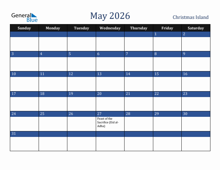 May 2026 Christmas Island Calendar (Sunday Start)