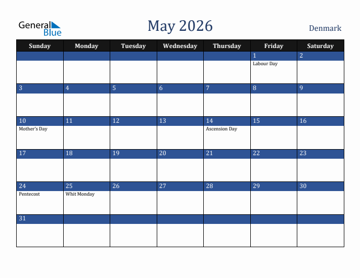 May 2026 Denmark Calendar (Sunday Start)