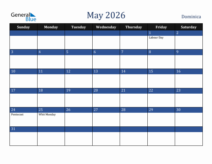May 2026 Dominica Calendar (Sunday Start)