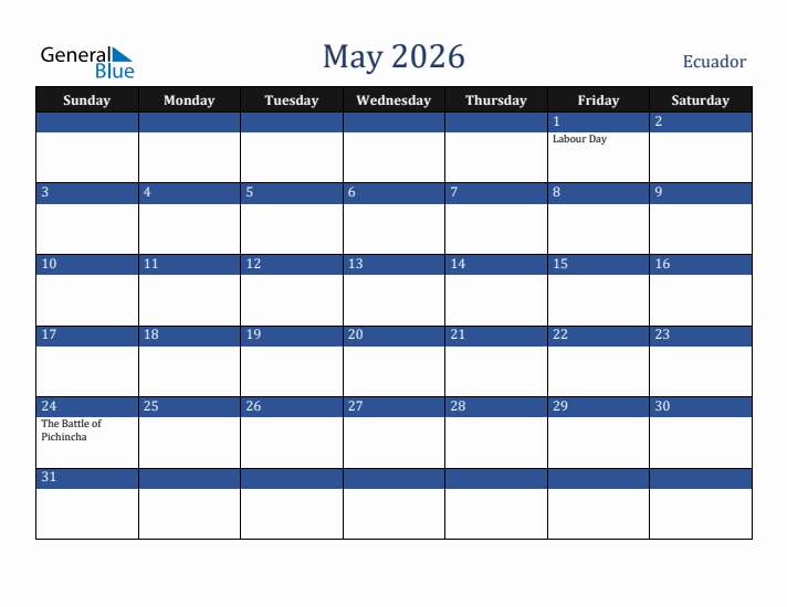 May 2026 Ecuador Calendar (Sunday Start)