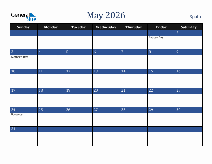 May 2026 Spain Calendar (Sunday Start)