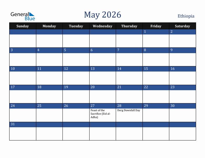 May 2026 Ethiopia Calendar (Sunday Start)