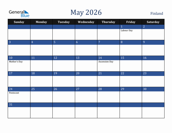 May 2026 Finland Calendar (Sunday Start)