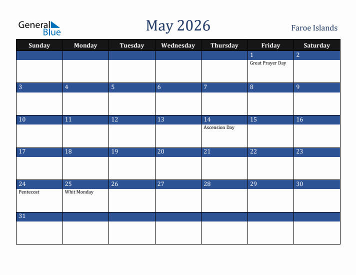 May 2026 Faroe Islands Calendar (Sunday Start)