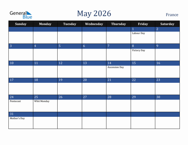 May 2026 France Calendar (Sunday Start)
