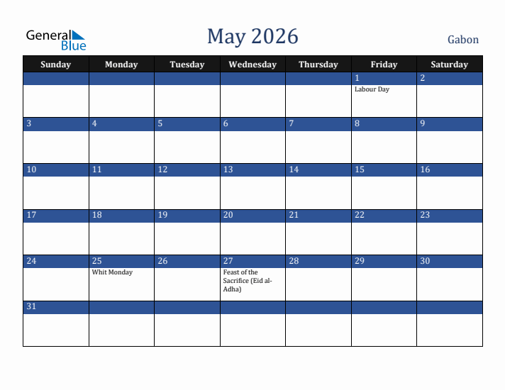 May 2026 Gabon Calendar (Sunday Start)