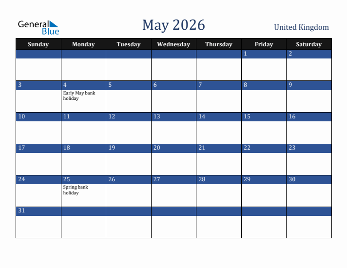 May 2026 United Kingdom Calendar (Sunday Start)