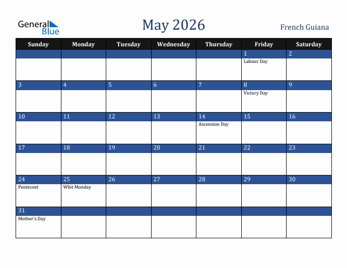 May 2026 French Guiana Calendar (Sunday Start)