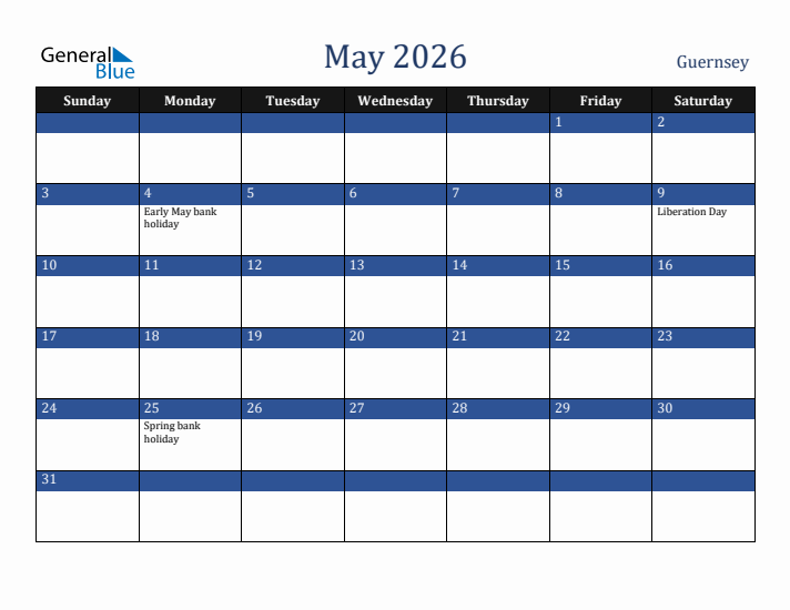May 2026 Guernsey Calendar (Sunday Start)