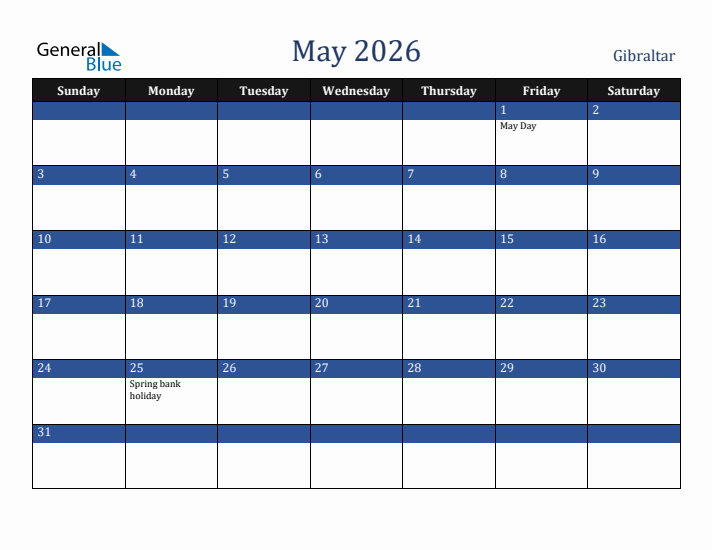 May 2026 Gibraltar Calendar (Sunday Start)