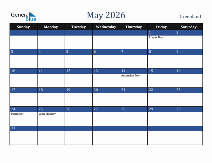 May 2026 Greenland Calendar (Sunday Start)