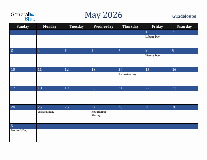 May 2026 Guadeloupe Calendar (Sunday Start)