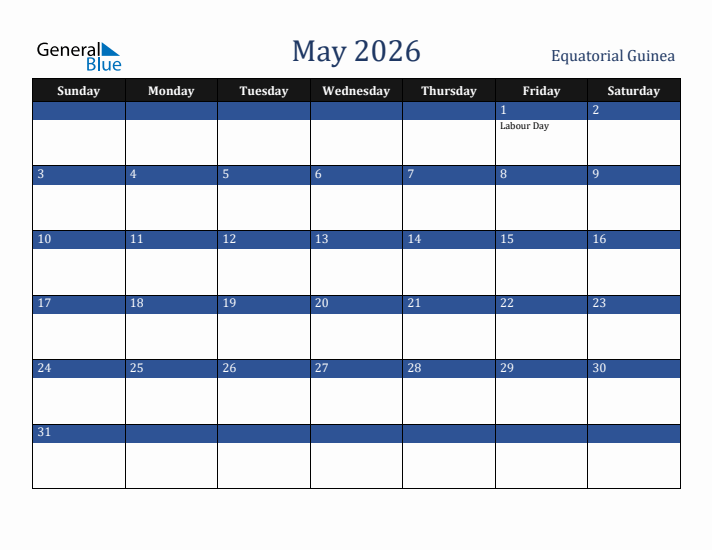 May 2026 Equatorial Guinea Calendar (Sunday Start)