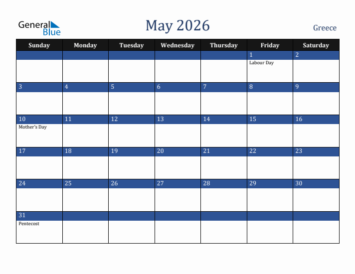 May 2026 Greece Calendar (Sunday Start)
