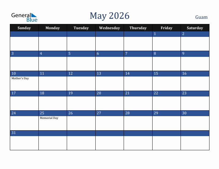 May 2026 Guam Calendar (Sunday Start)