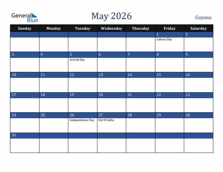 May 2026 Guyana Calendar (Sunday Start)