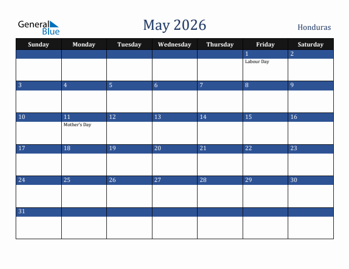 May 2026 Honduras Calendar (Sunday Start)