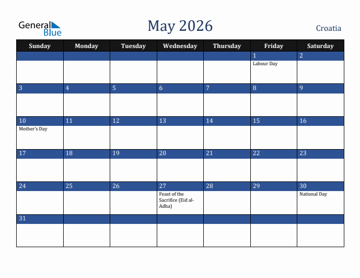 May 2026 Croatia Calendar (Sunday Start)