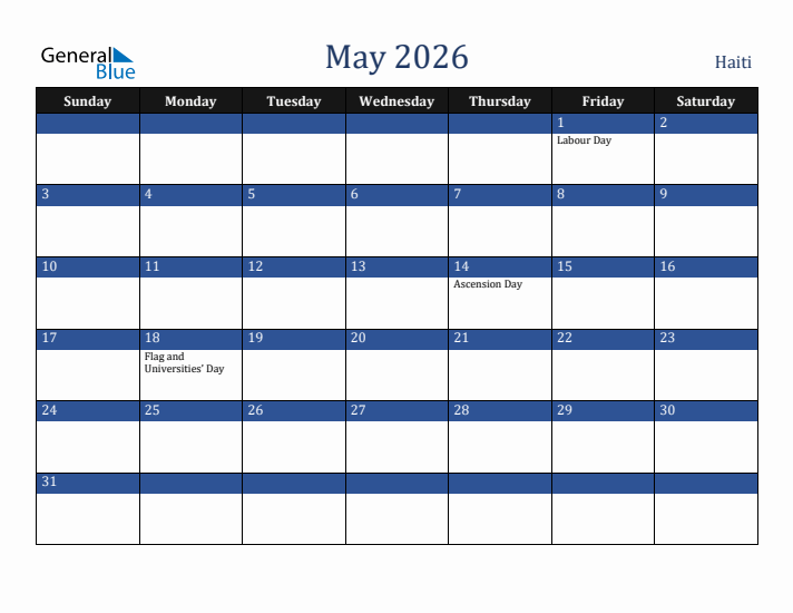 May 2026 Haiti Calendar (Sunday Start)