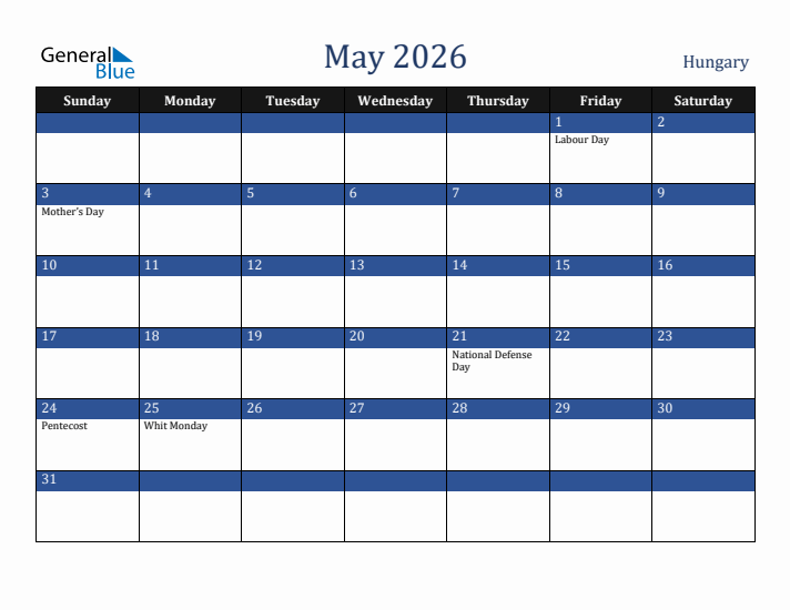 May 2026 Hungary Calendar (Sunday Start)