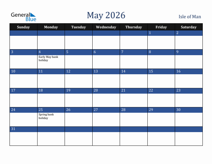 May 2026 Isle of Man Calendar (Sunday Start)