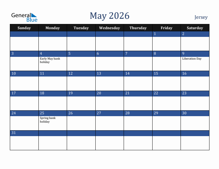 May 2026 Jersey Calendar (Sunday Start)