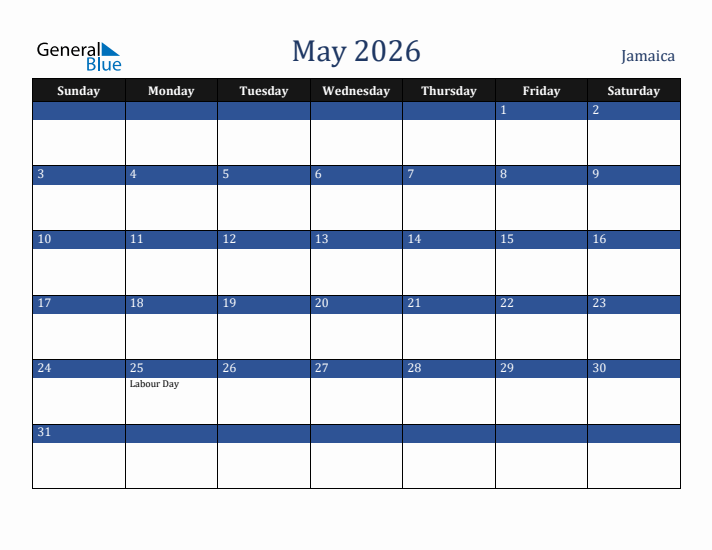 May 2026 Jamaica Calendar (Sunday Start)