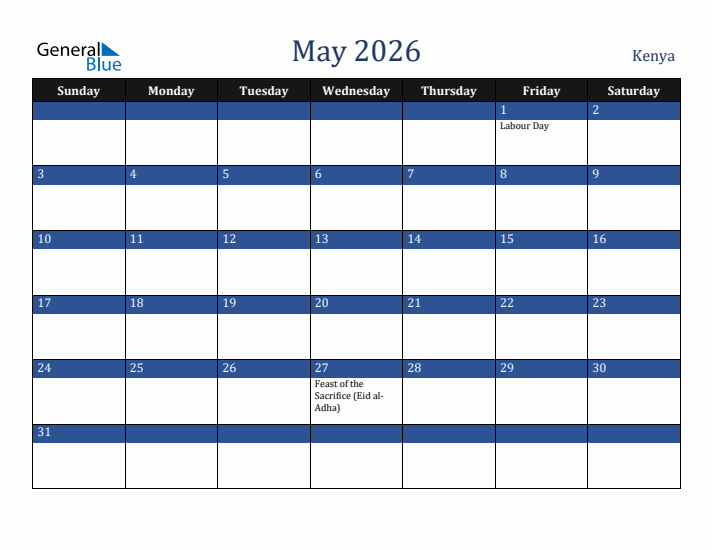 May 2026 Kenya Calendar (Sunday Start)